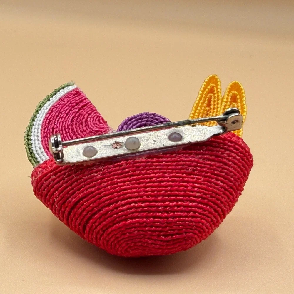 Woven Fruit Basket Brooch Watermelon Vintage Whimsical Boho Statement Pin Gift